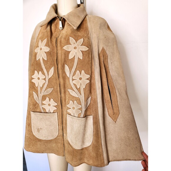 Vintage Leather Suede Poncho Cape Floral Distressed Rustic Oversized Woo… - Picture 5 of 10